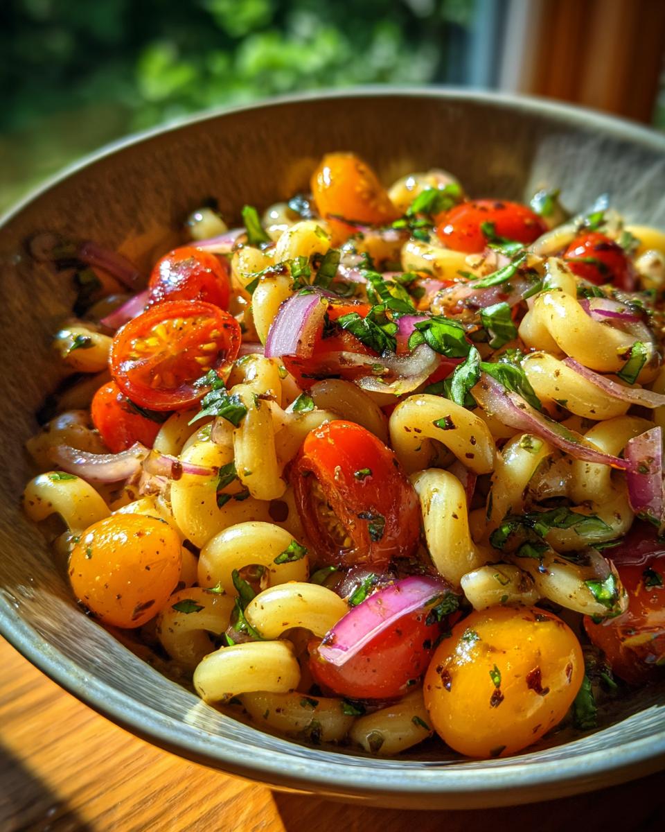 Close-up of pasta salad balsamic vinaigrette with tomatoes, red onion, and herbs.