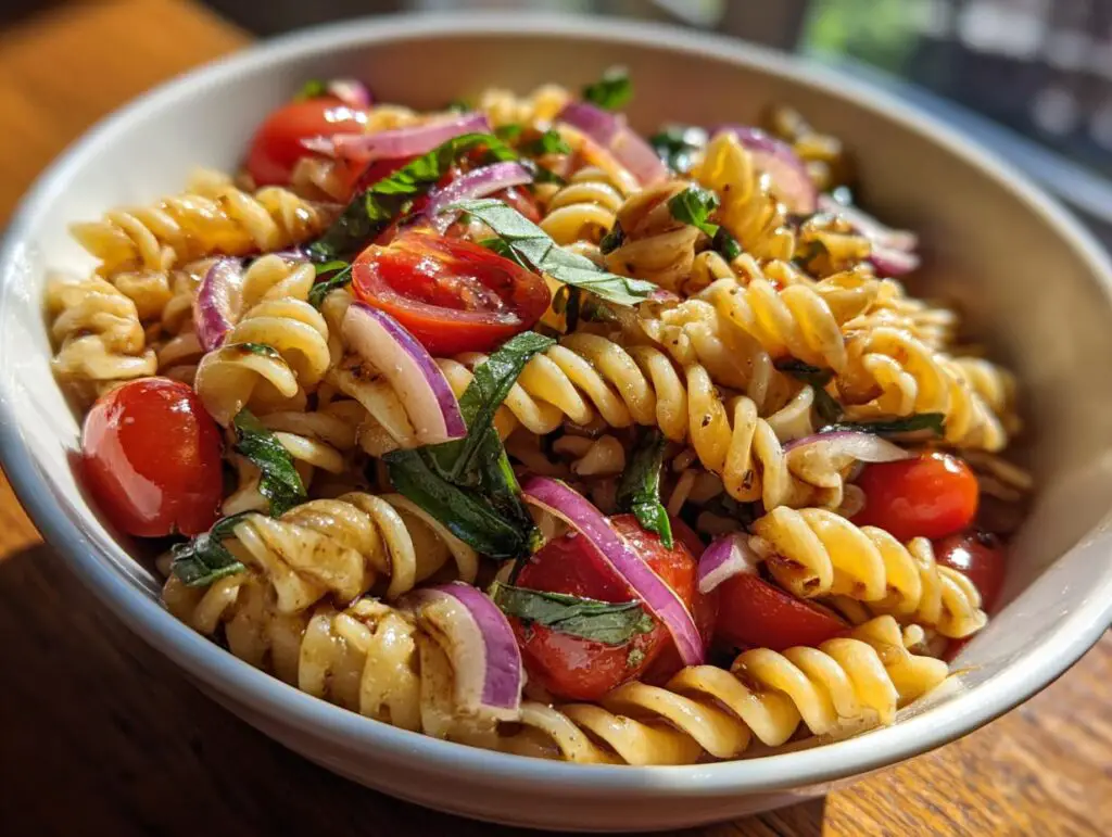 Close-up of pasta salad balsamic vinaigrette with tomatoes, red onion, and basil in a white bowl.