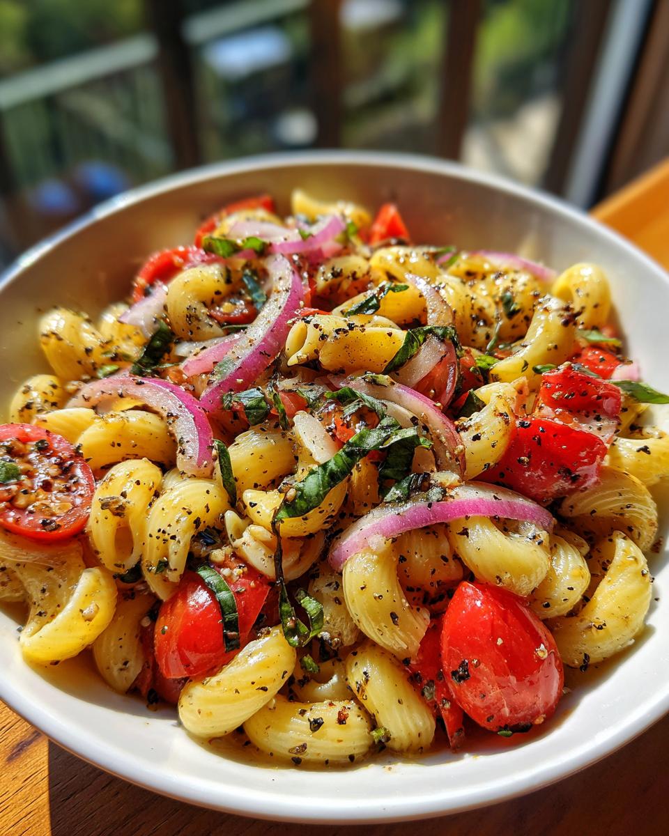Close-up of pasta salad balsamic vinaigrette with tomatoes, red onion, and basil.