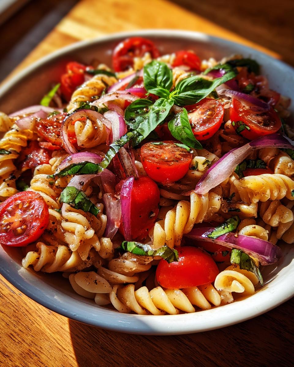 Close-up of pasta salad balsamic vinaigrette with tomatoes, red onion, and basil.