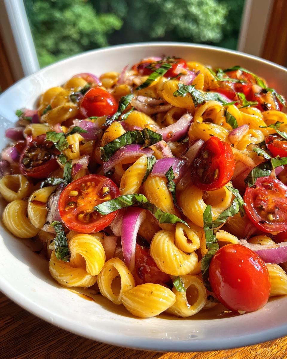 Close-up of pasta salad with balsamic vinaigrette, tomatoes, red onion, and basil.