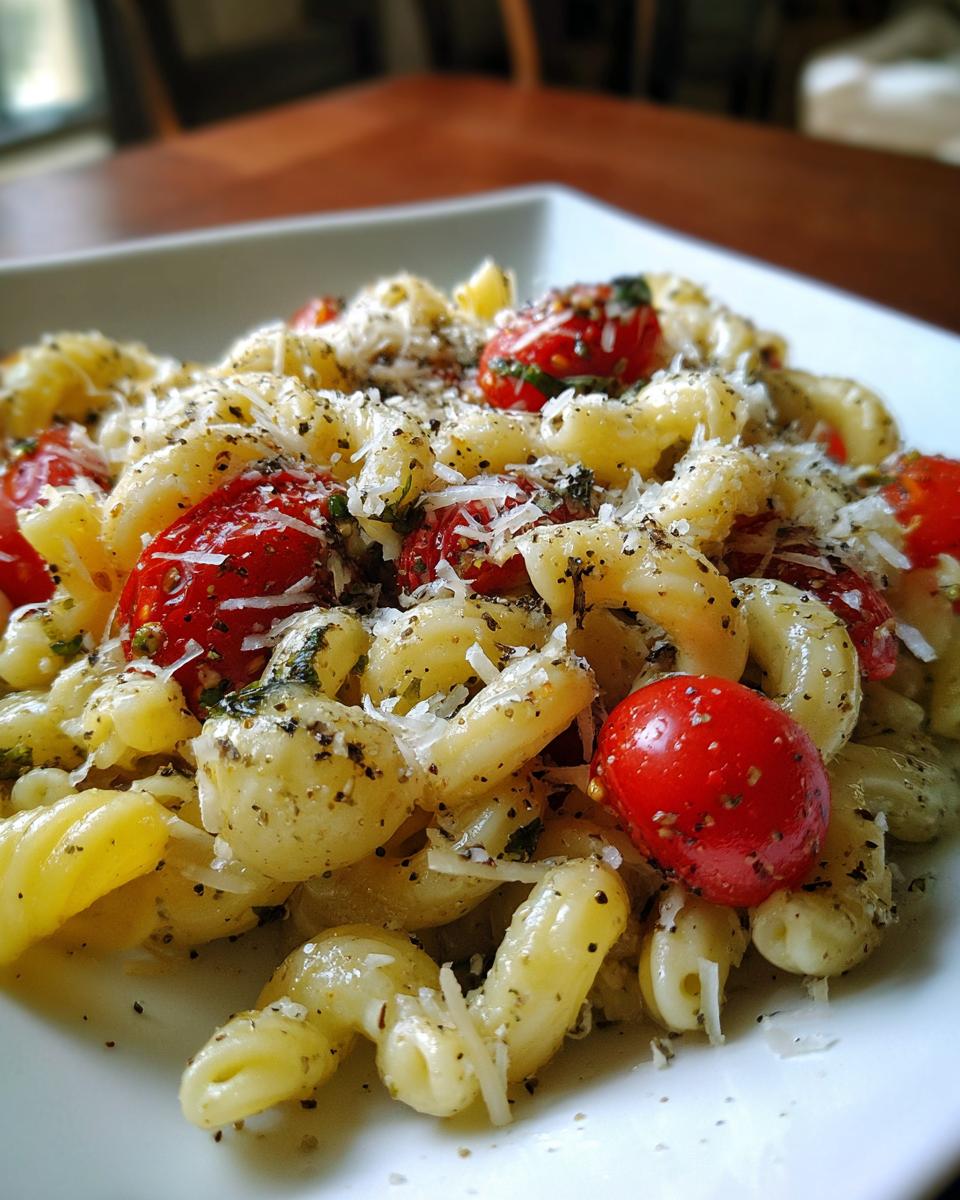 Amazing pasta salad basil: 15 min delight 3 Close-up of pasta salad basil with cherry tomatoes, cheese, and herbs on a white plate.