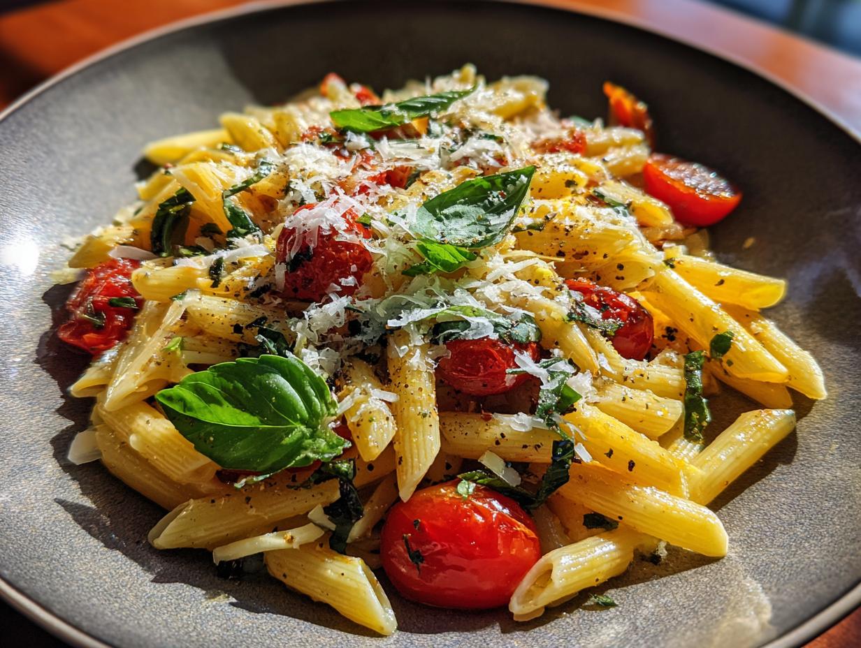 Amazing pasta salad basil: 15 min delight 1 Close-up of a pasta salad basil dish with penne pasta, cherry tomatoes, and fresh basil.