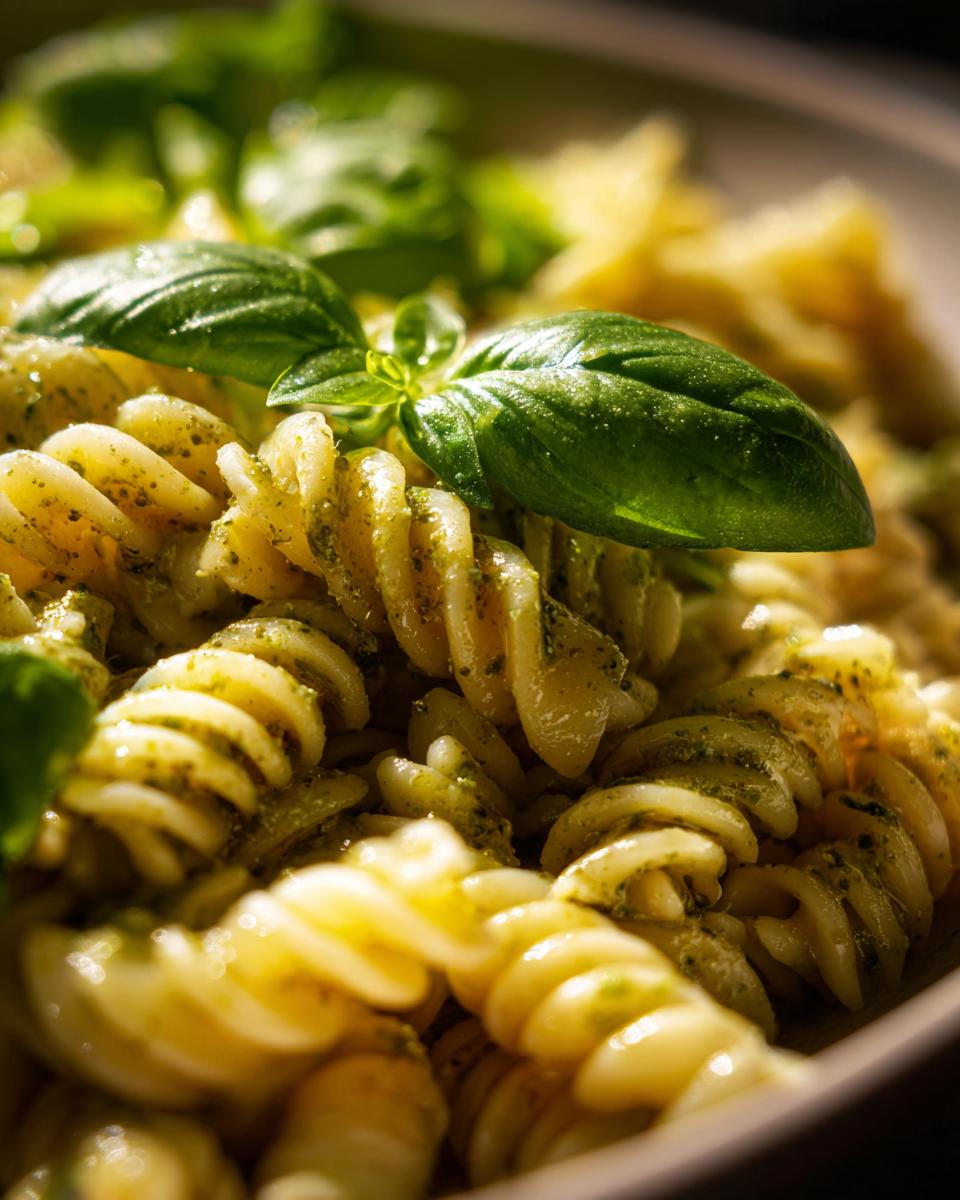 Amazing pasta salad basil: 30 mins 7 Close-up of pasta salad basil with fresh basil leaves, showing the pesto sauce and fusilli pasta.