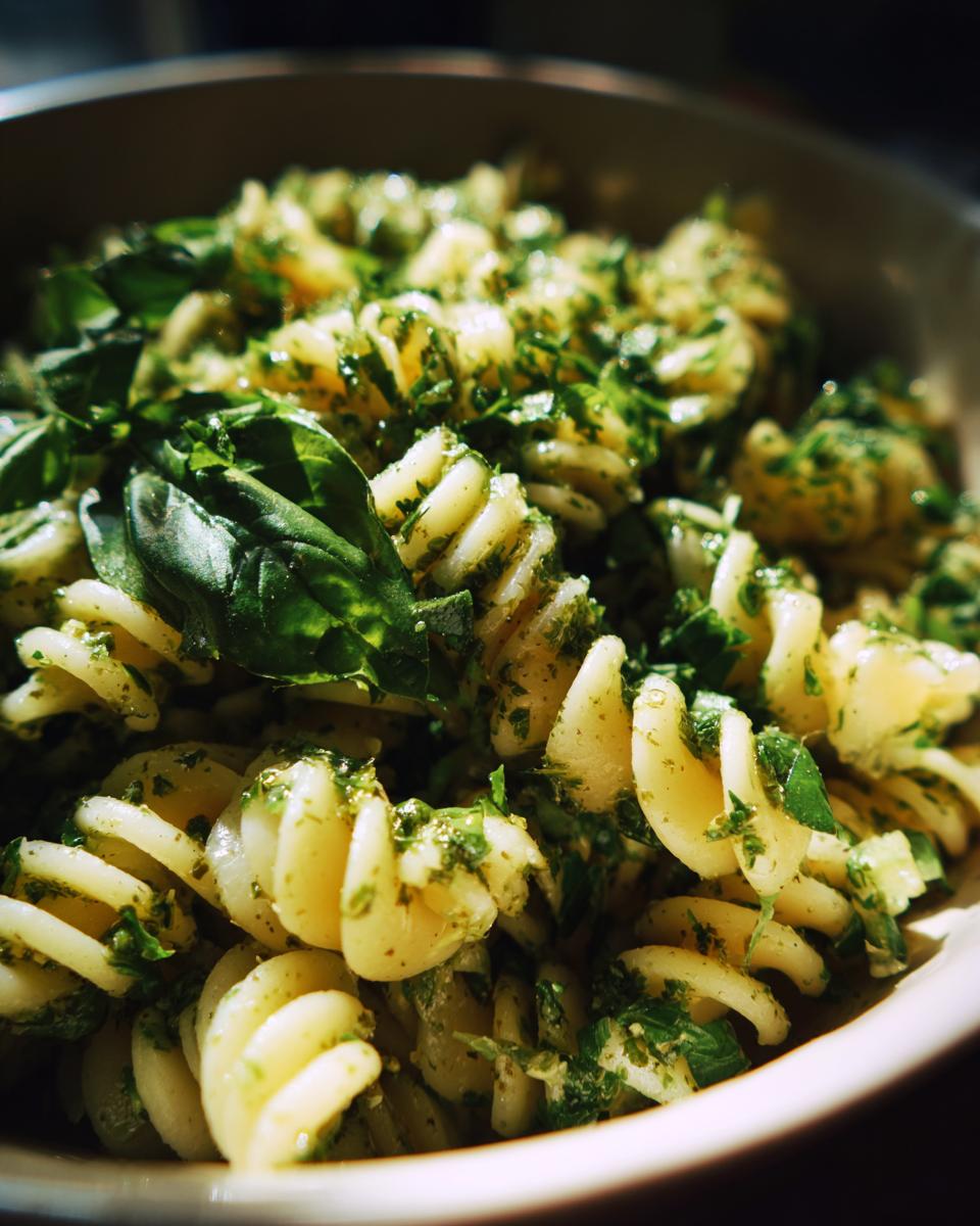 Amazing pasta salad basil: 30 mins 8 Close-up of pasta salad basil with fusilli pasta, fresh basil leaves and pesto.