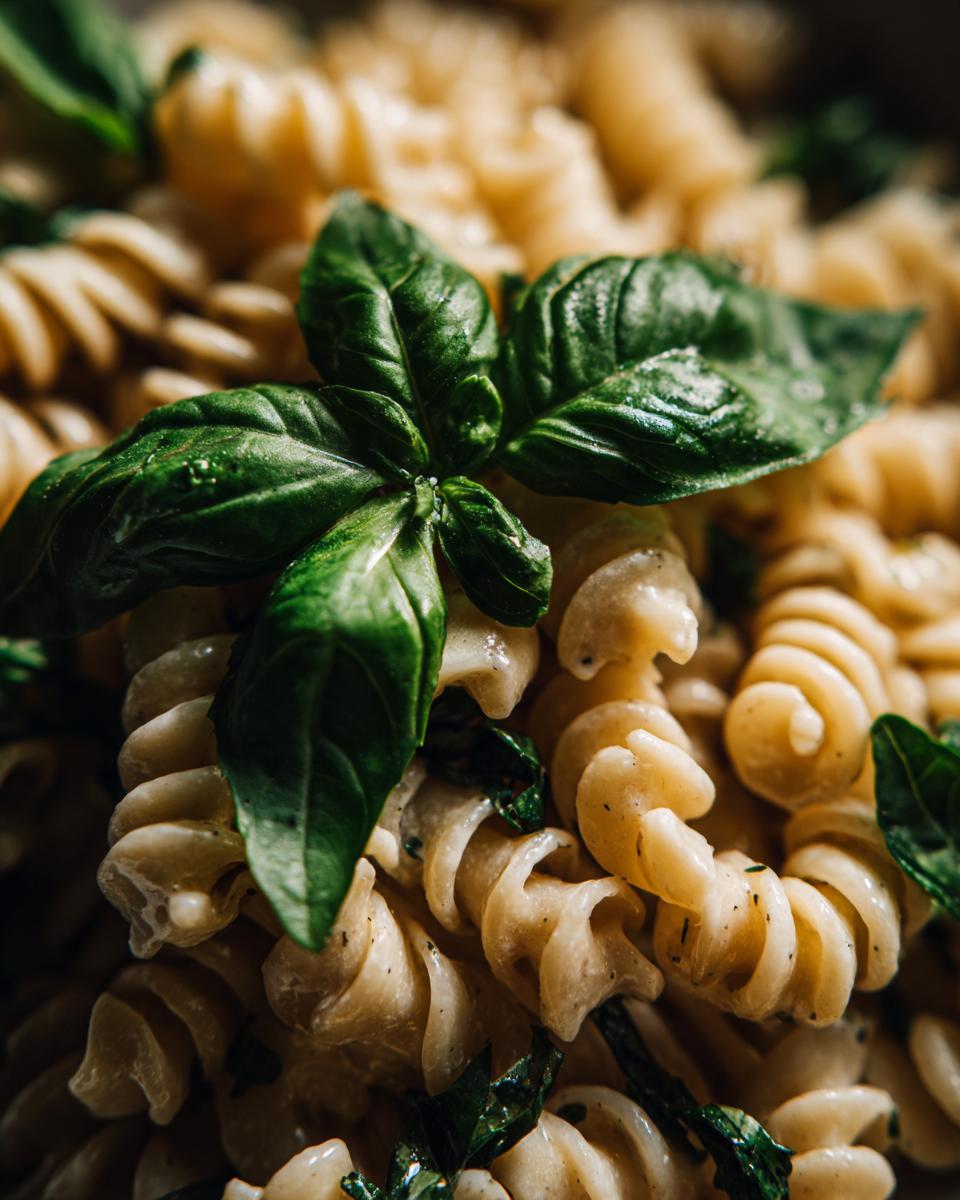 Amazing pasta salad basil: 30 mins 9 Close-up of pasta salad basil with fresh basil leaves, showing the pasta and herbs.