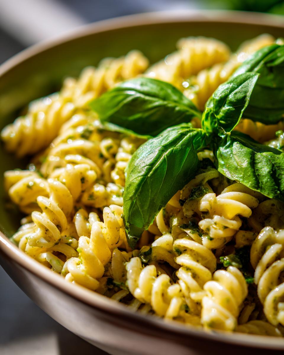 Amazing pasta salad basil: 30 mins 10 Close-up of pasta salad basil with fresh basil leaves in a bowl.