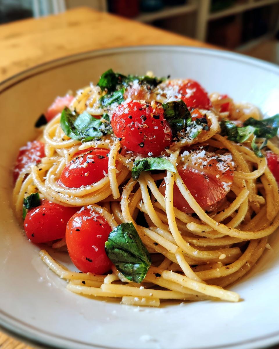 Amazing pasta salad basil: 15 min delight 2 Close-up of pasta salad basil with cherry tomatoes, basil leaves, and parmesan cheese.