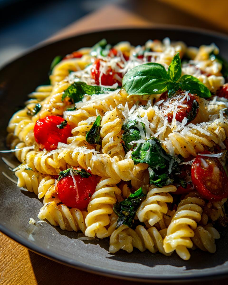 Amazing pasta salad basil: 15 min delight 4 Close-up of pasta salad basil with tomatoes, basil leaves, and grated cheese on a plate.