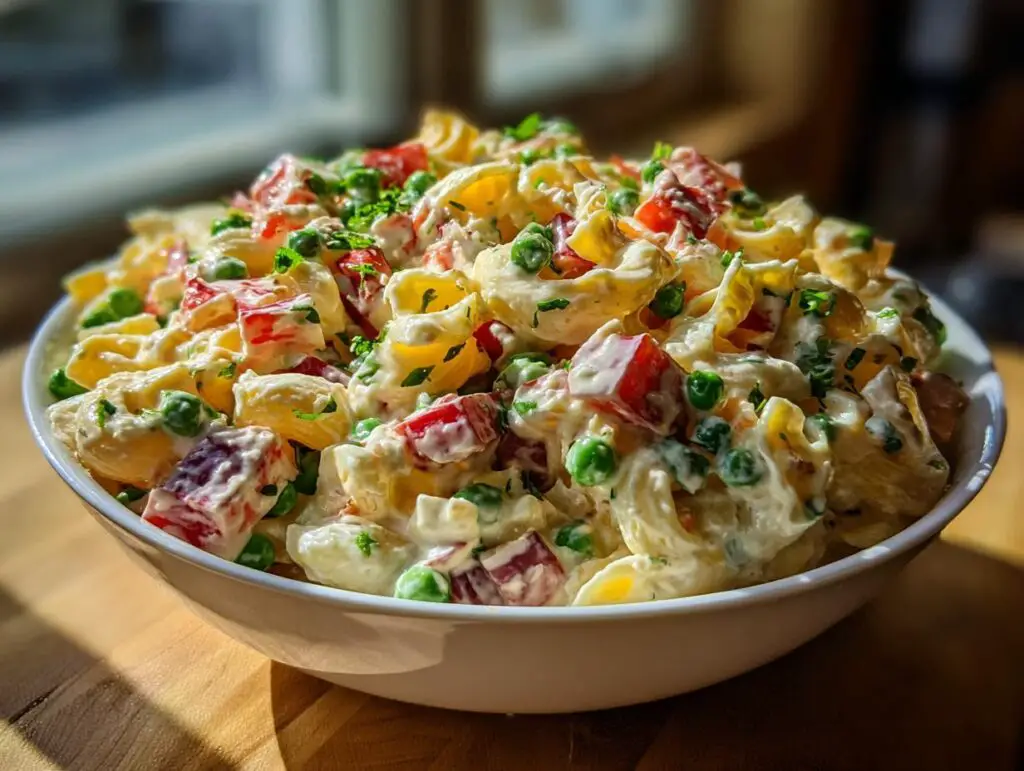 Close-up of a bowl of pasta salad. Learn how do you make pasta salad with this recipe!
