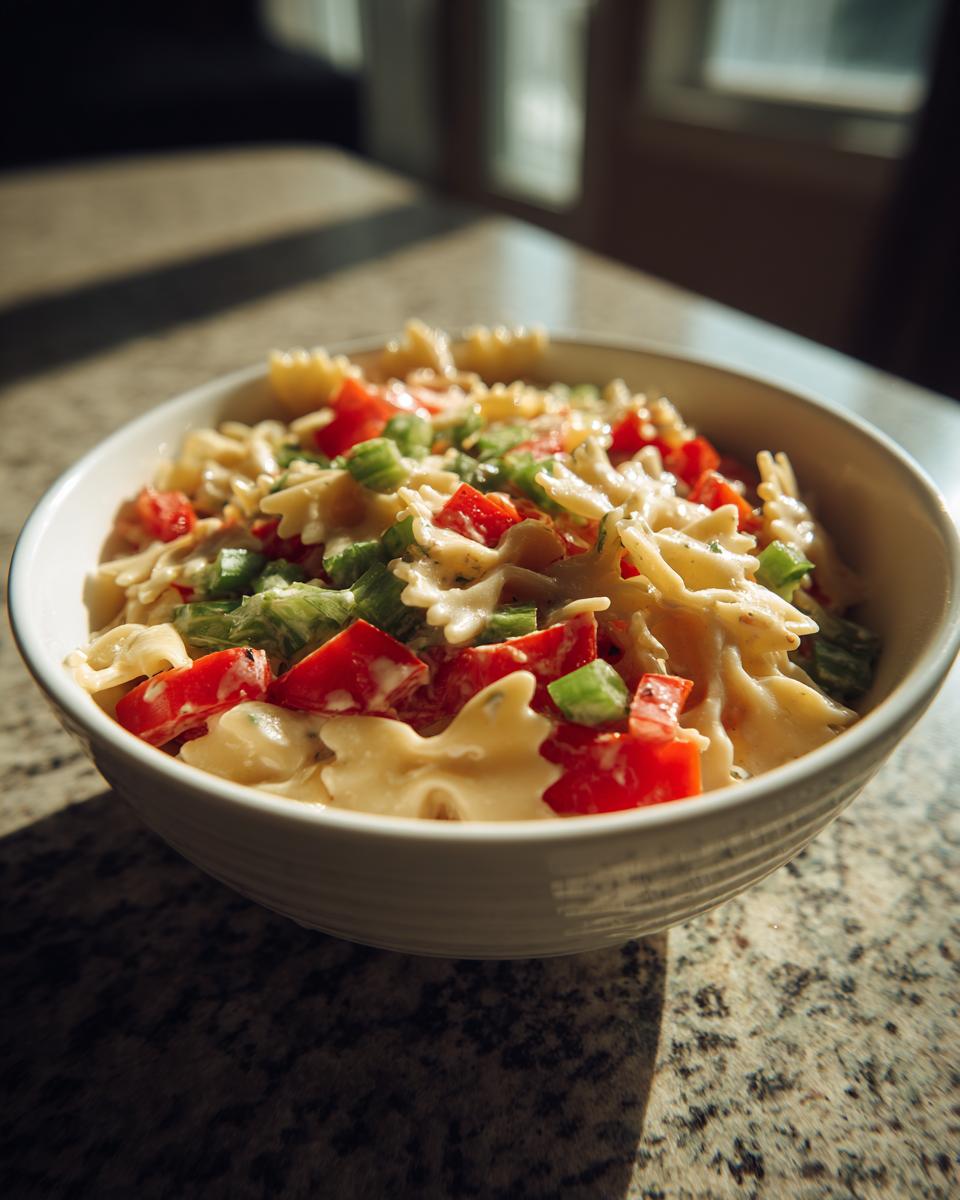 Amazing Pasta Salad Bowtie: 1 Hour Chill 7 Close-up of a bowl of pasta salad bowtie with tomatoes and green peppers. The pasta salad bowtie is creamy.