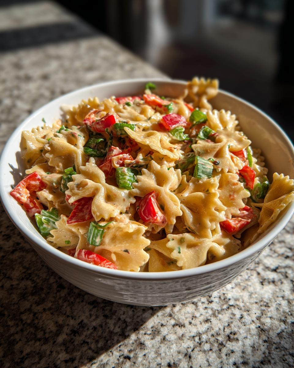 Amazing Pasta Salad Bowtie: 1 Hour Chill 10 A bowl of delicious pasta salad bowtie with red peppers and green onions. The pasta salad bowtie is ready to serve.