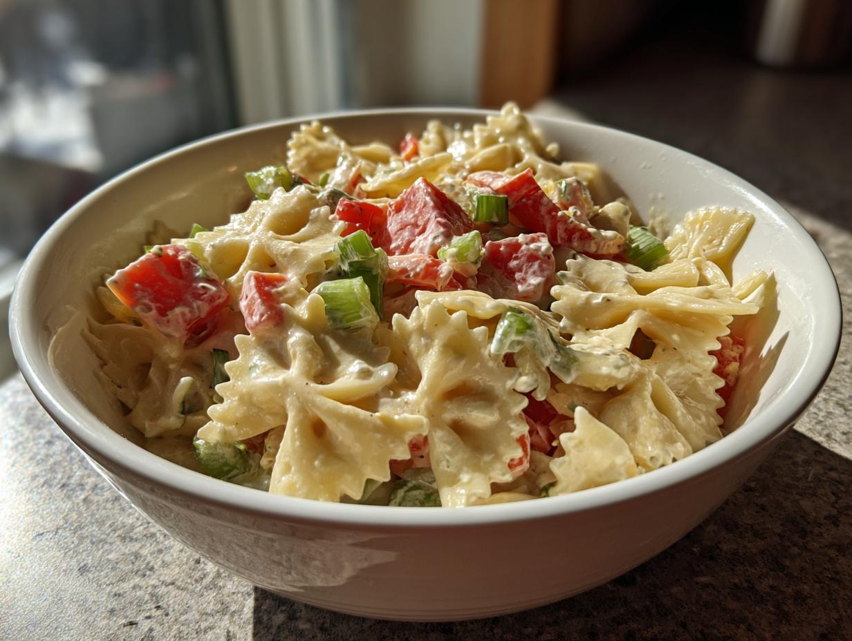 Amazing Pasta Salad Bowtie: 1 Hour Chill 6 Close-up of a bowl of pasta salad bowtie with tomatoes and green onions. The pasta salad bowtie is creamy.