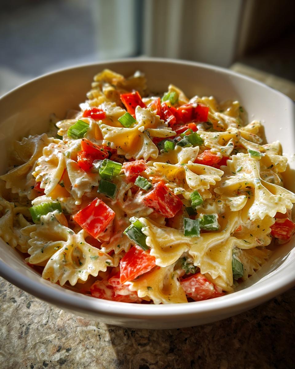 Amazing Pasta Salad Bowtie: 1 Hour Chill 9 Close-up of a pasta salad bowtie with red peppers and green onions in a white bowl.