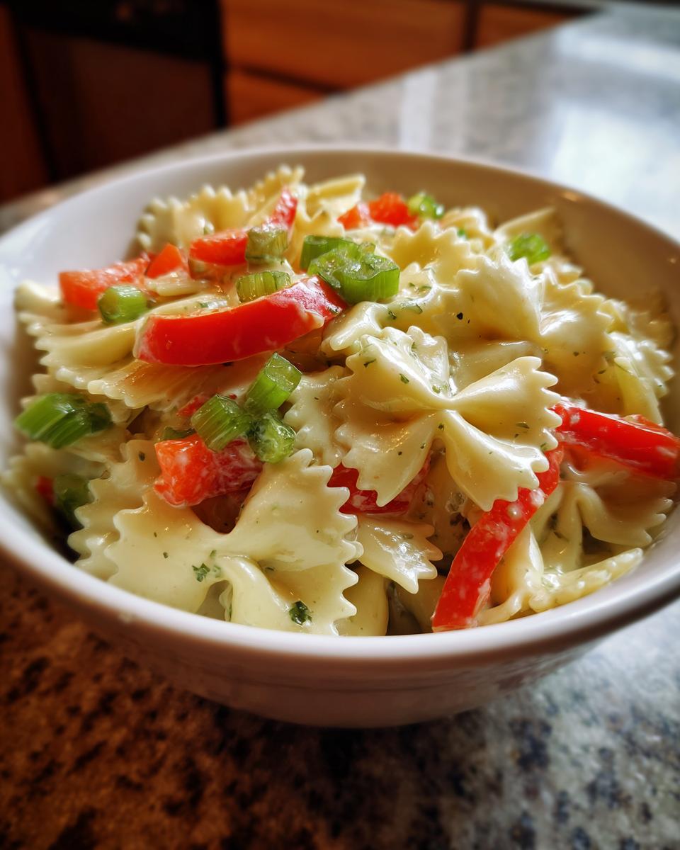 Amazing Pasta Salad Bowtie: 1 Hour Chill 8 Close-up of a bowl of pasta salad bowtie with red bell peppers and green onions. This is a pasta salad bowtie.