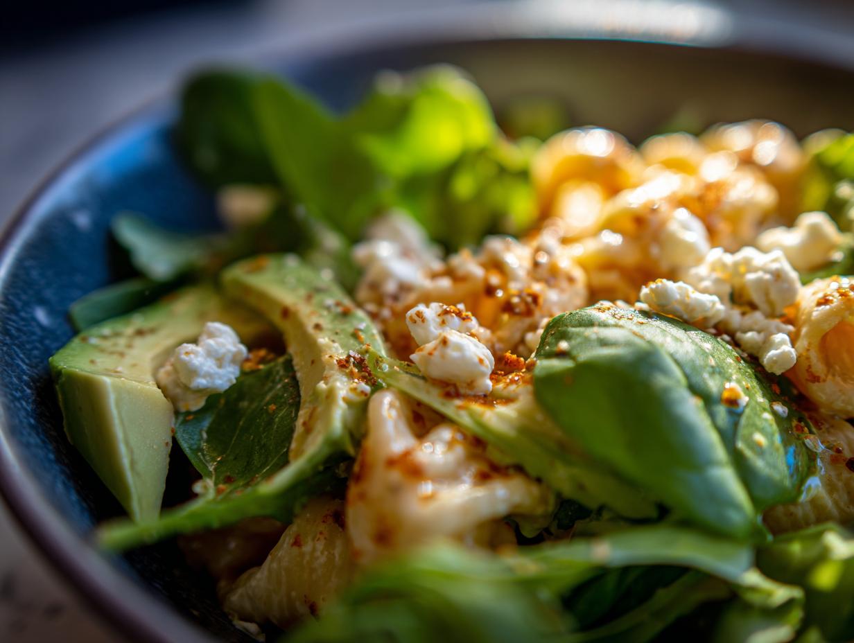 Close-up of a vibrant pasta salad caesar with avocado, cheese, and greens.