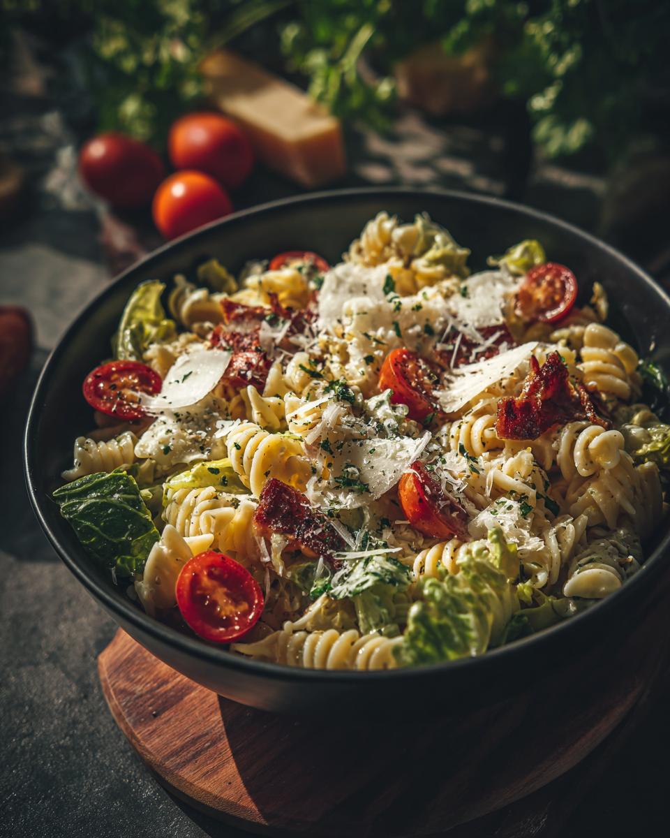 Close-up of a pasta salad Caesar with tomatoes, parmesan, and bacon in a black bowl. The pasta salad caesar is ready to eat.