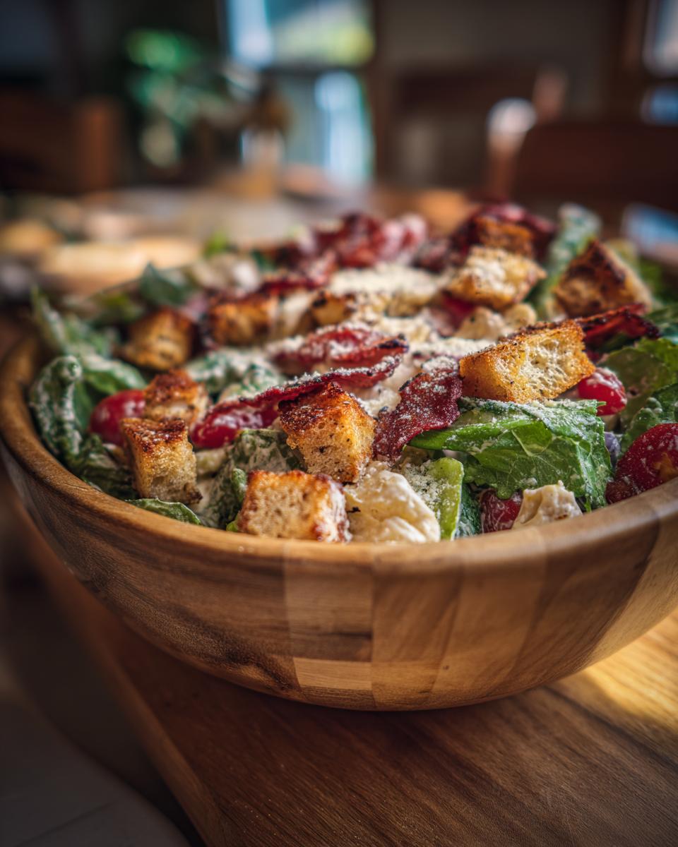 Close-up of a pasta salad caesar with croutons, bacon, tomatoes, and parmesan cheese.