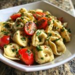 Close-up of a pasta salad using cheese tortellini with cherry tomatoes and herbs.