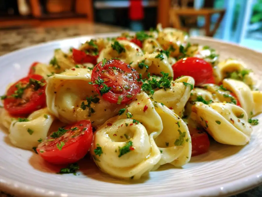Close-up of pasta salad using cheese tortellini with tomatoes and herbs on a white plate.