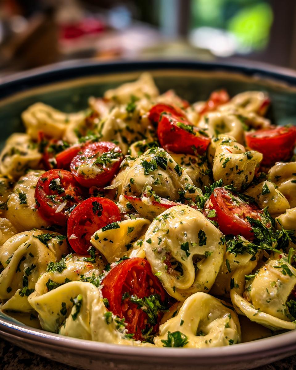 Close-up of a pasta salad using cheese tortellini with tomatoes and herbs.