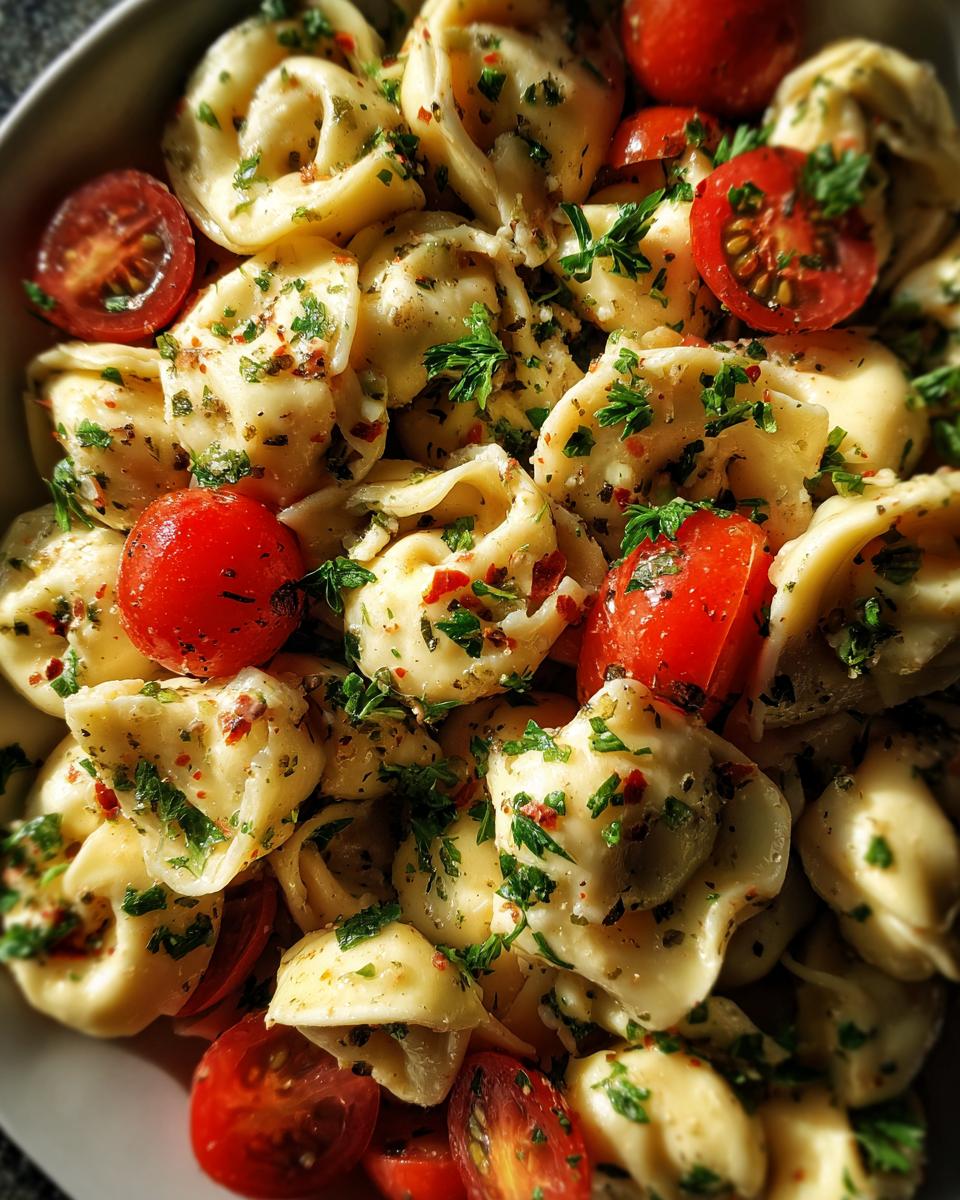 Close-up of pasta salad using cheese tortellini with cherry tomatoes and herbs.