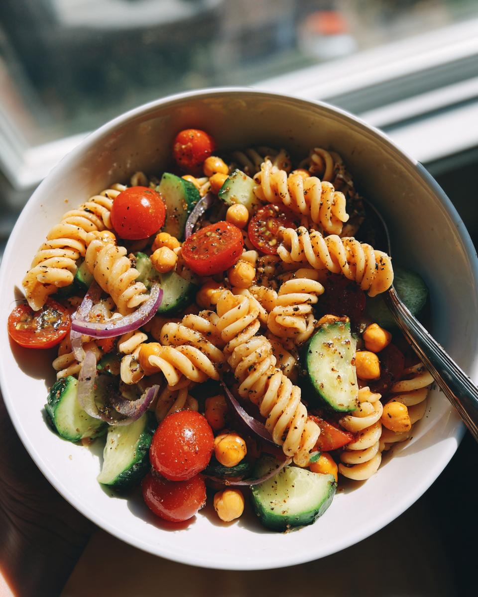 Amazing Pasta Salad Chickpeas: 25-Min Meal 2 Close-up of a pasta salad with chickpeas, tomatoes, cucumber, and red onion. The pasta salad chickpeas are in a white bowl.