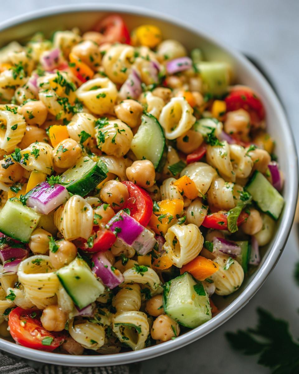 Amazing pasta salad chickpeas in 25 minutes 9 Close-up of a vibrant pasta salad chickpeas with vegetables in a white bowl.