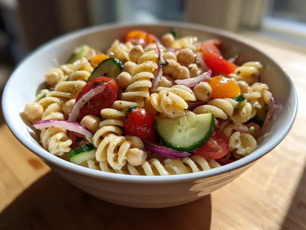 Close-up of a pasta salad chickpeas in a white bowl with tomatoes, cucumber, and red onion.