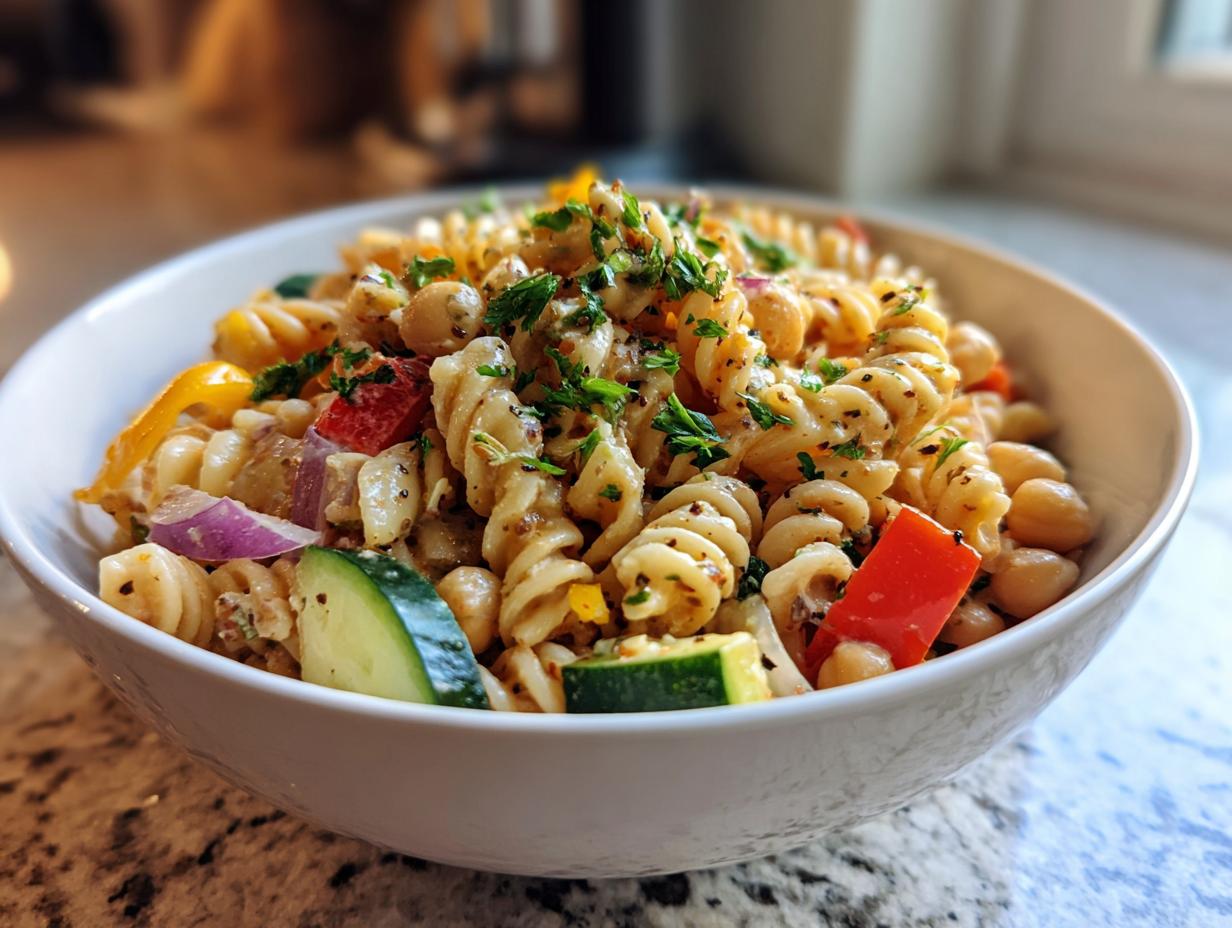 Amazing Pasta Salad Chickpeas: 1 Hearty Meal 6 Close-up of a bowl of pasta salad chickpeas with vegetables, herbs, and dressing. The pasta salad chickpeas is a colorful and healthy meal.
