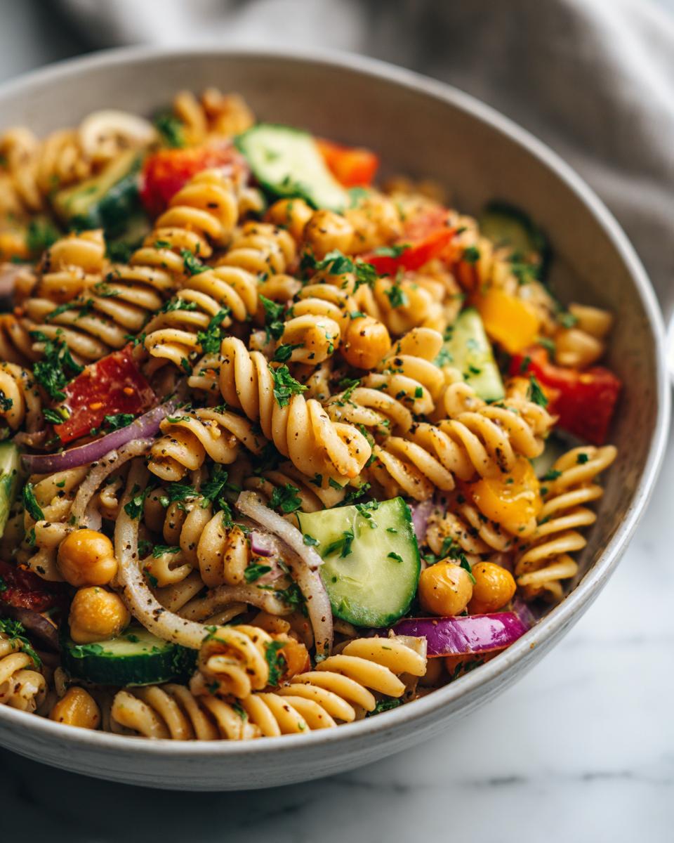 Amazing Pasta Salad Chickpeas: 1 Hearty Meal 7 Close-up of a bowl of pasta salad chickpeas with vegetables and herbs. The pasta salad chickpeas is a healthy meal.