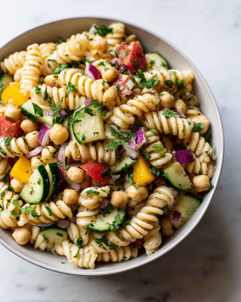 Amazing Pasta Salad Chickpeas: 1 Hearty Meal 8 Overhead shot of a bowl filled with pasta salad chickpeas, tomatoes, cucumbers, and herbs.