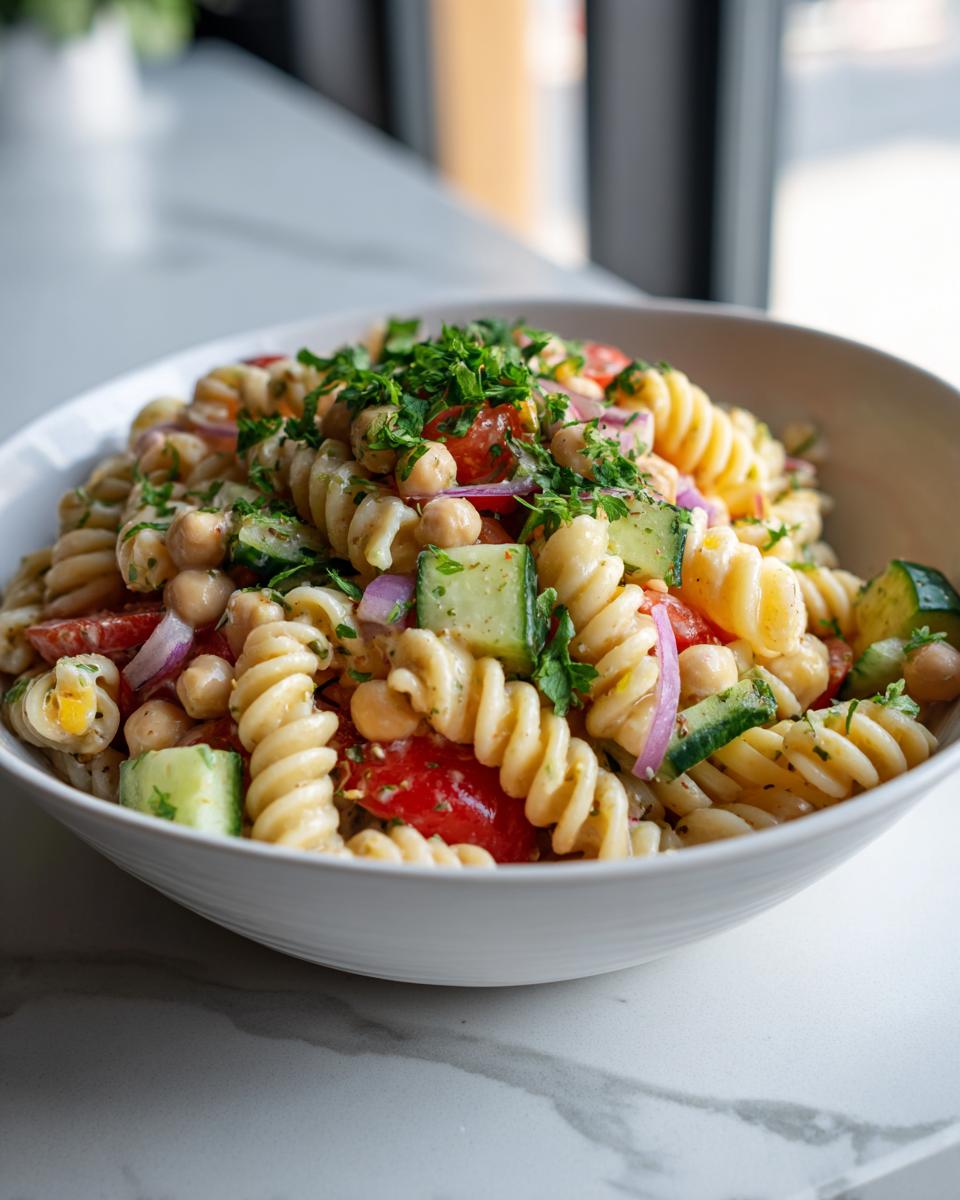 Amazing Pasta Salad Chickpeas: 1 Hearty Meal 9 Close-up of a pasta salad chickpeas in a white bowl, with tomatoes, cucumbers, and red onion.