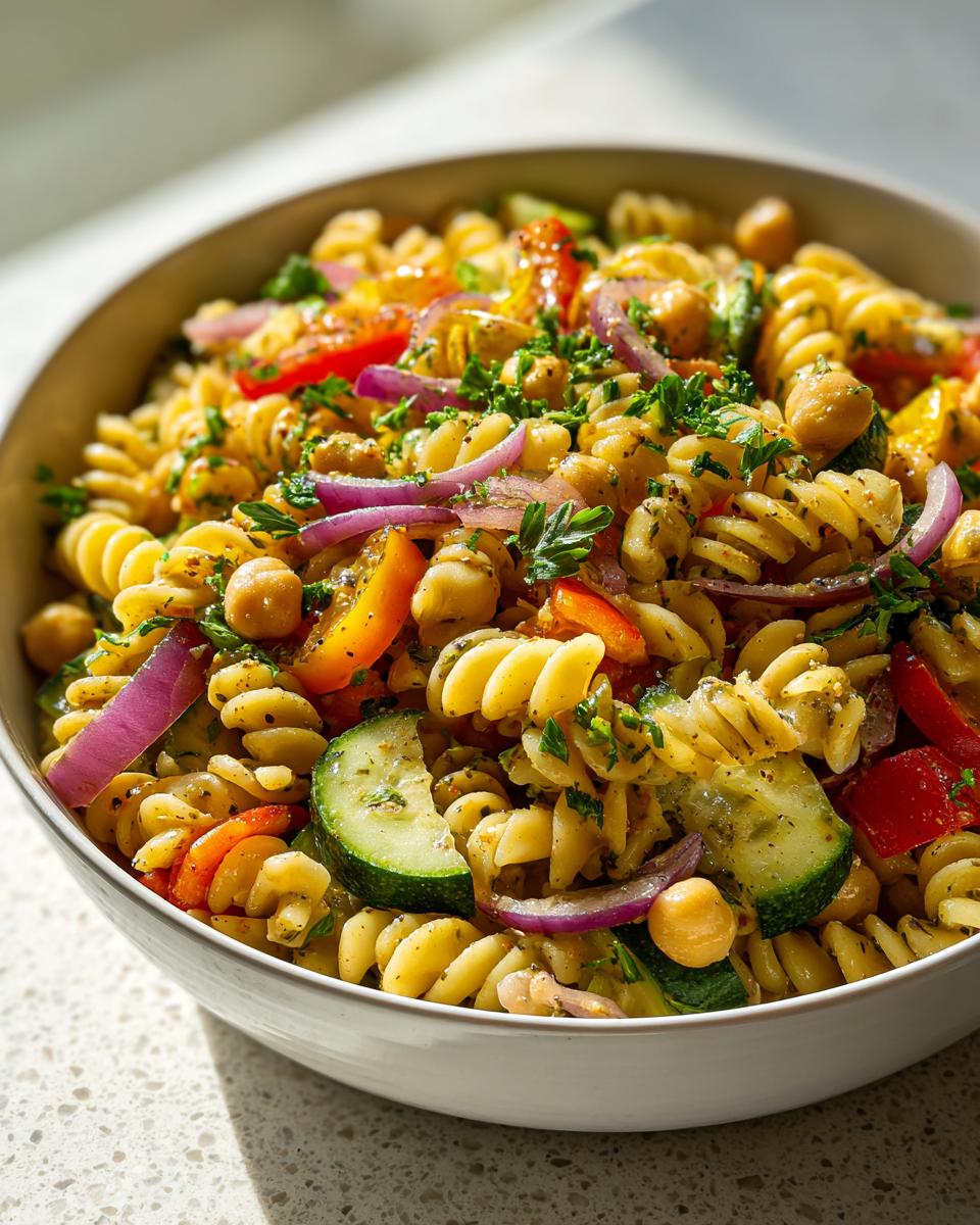 Amazing Pasta Salad Chickpeas: 1 Hearty Meal 10 Close-up of a bowl of pasta salad chickpeas with vegetables, herbs, and dressing.