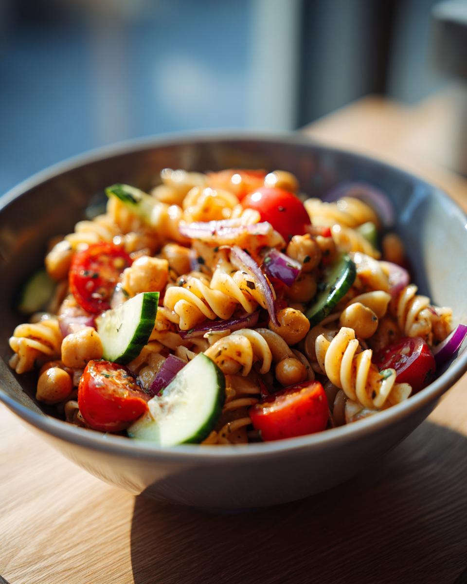 Amazing Pasta Salad Chickpeas: 25-Min Meal 3 Close-up of a bowl of pasta salad chickpeas with tomatoes, cucumber, and red onion.