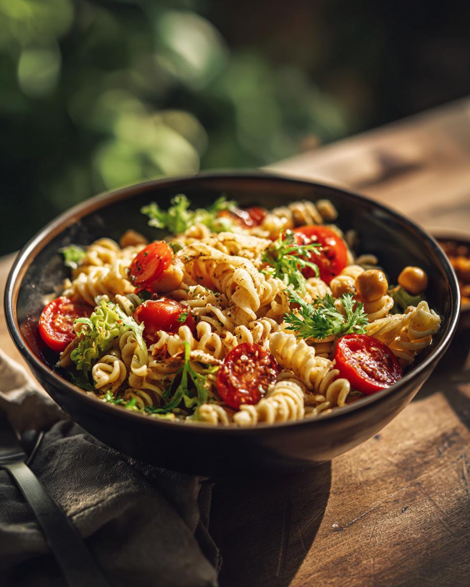 Perfect Pasta Salad Chickpeas: 1 Amazing Recipe 2 Close-up of a bowl of pasta salad chickpeas with tomatoes and herbs.