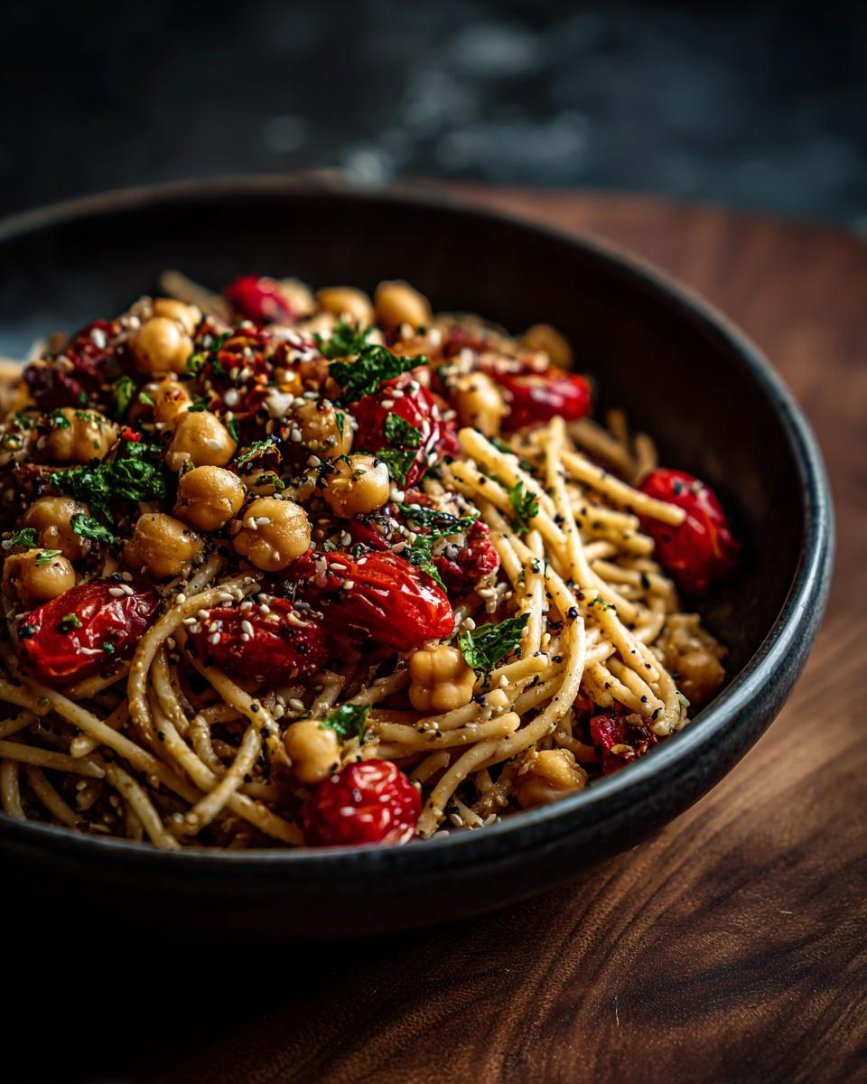 Perfect Pasta Salad Chickpeas: 1 Amazing Recipe 3 Close-up of a pasta salad chickpeas dish in a dark bowl, with tomatoes and herbs.