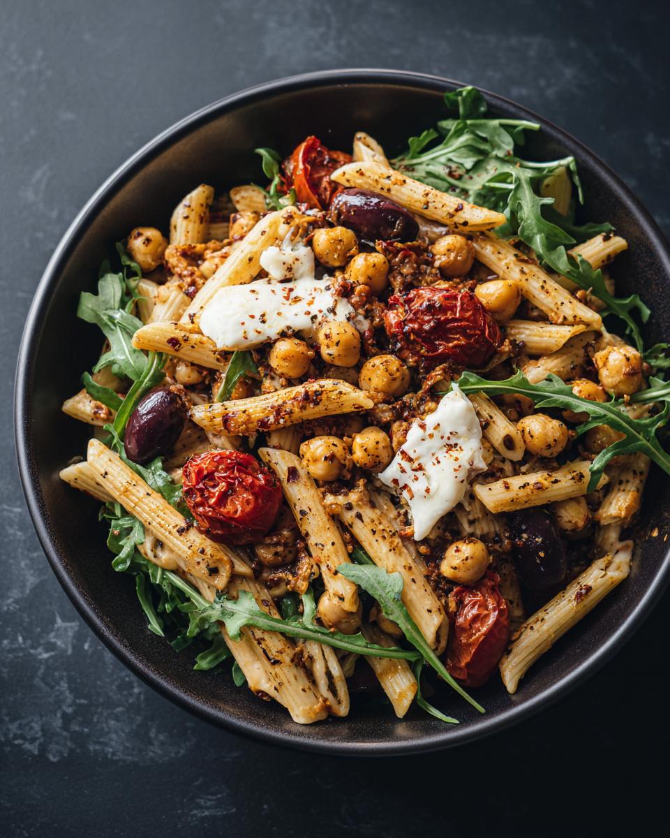 Perfect Pasta Salad Chickpeas: 1 Amazing Recipe 4 Overhead shot of a pasta salad chickpeas in a bowl with tomatoes, olives, and arugula.