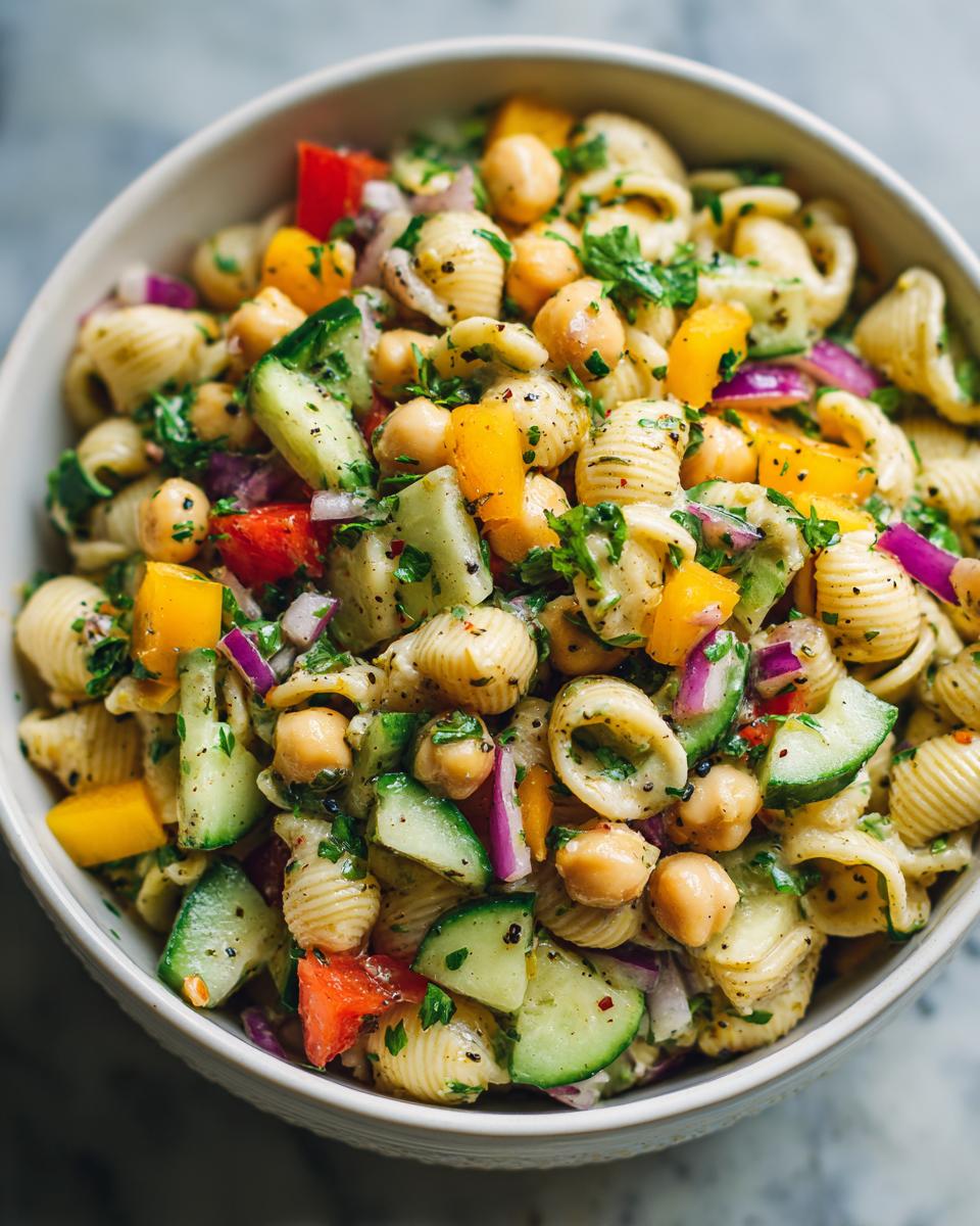Amazing pasta salad chickpeas in 25 minutes 7 Overhead shot of a vibrant pasta salad chickpeas with vegetables in a white bowl.