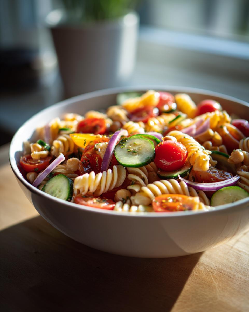 Amazing Pasta Salad Chickpeas: 25-Min Meal 4 Close-up of a bowl of pasta salad chickpeas with tomatoes, cucumbers, and red onion.