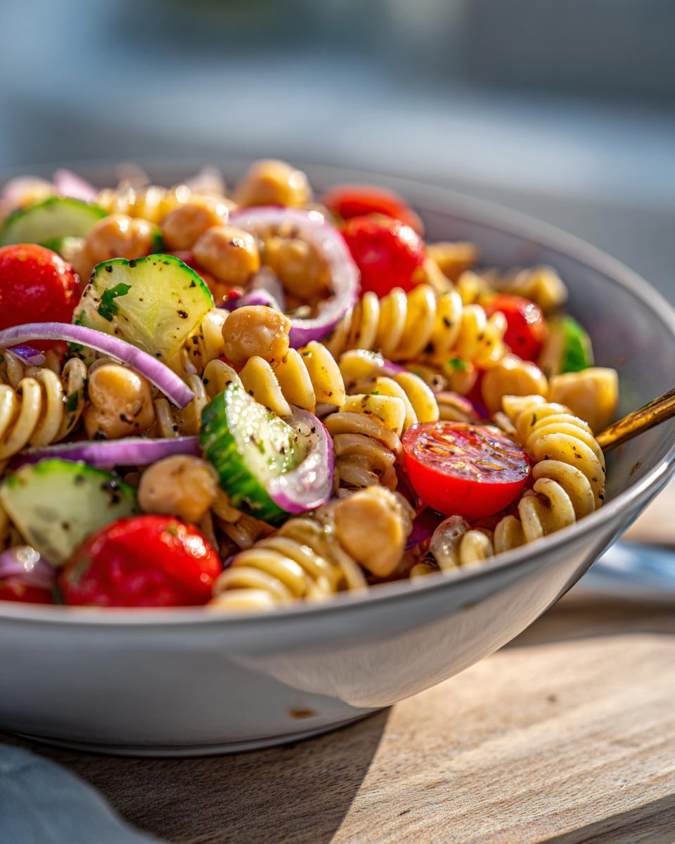 Amazing Pasta Salad Chickpeas: 25-Min Meal 5 Close-up of a vibrant pasta salad chickpeas with tomatoes, cucumber, and red onion.