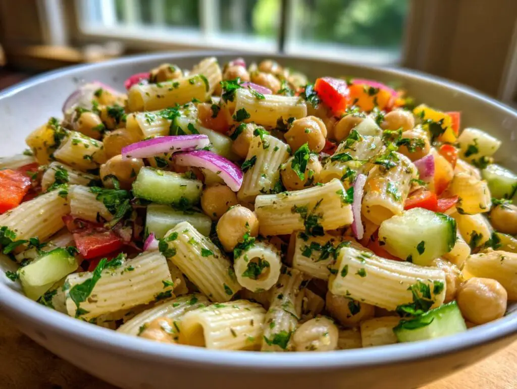 Close-up of a bowl of pasta salad chickpeas with vegetables and herbs.