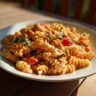 Close-up of a pasta salad chickpeas dish with tomatoes and herbs on a white plate.