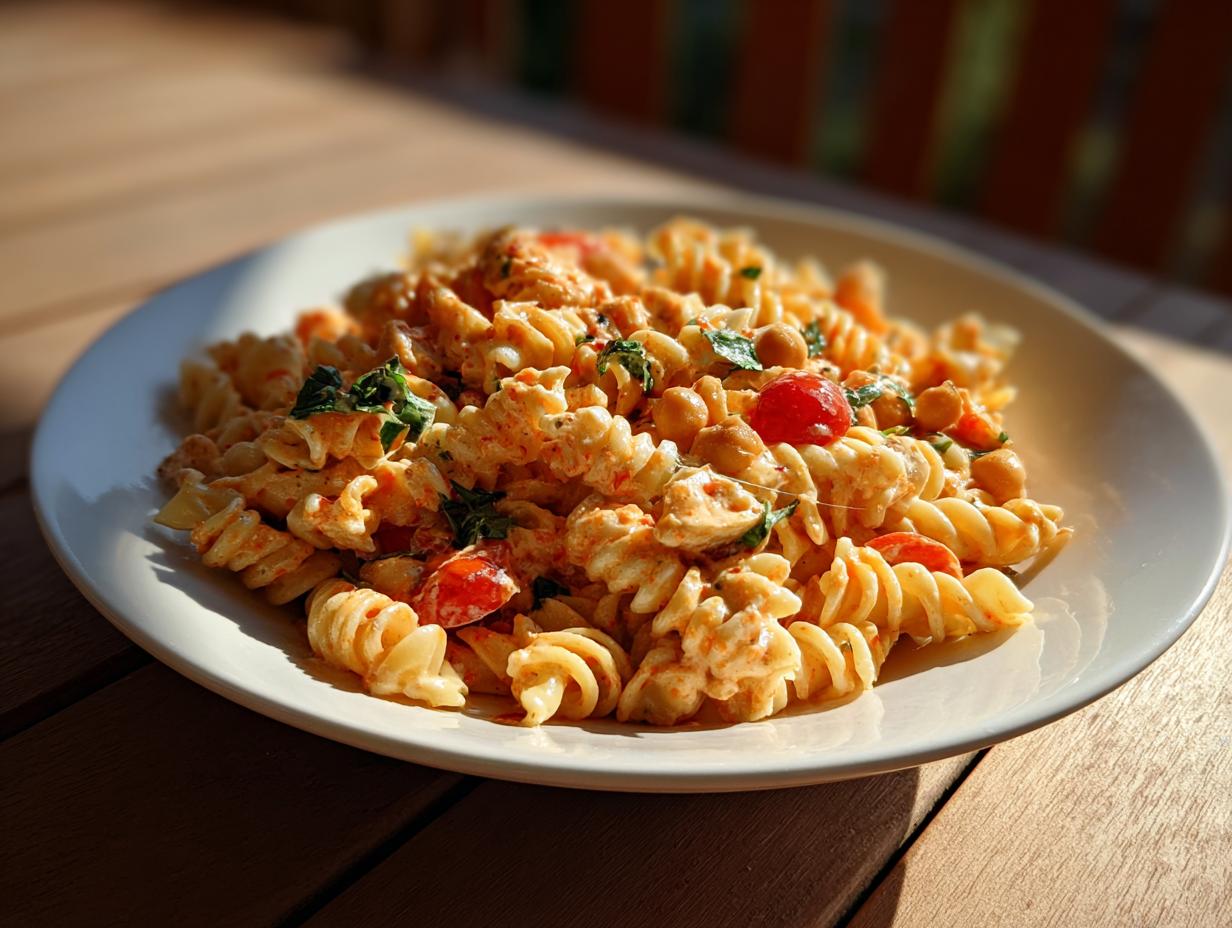 Perfect Pasta Salad Chickpeas: 1 Amazing Recipe 1 Close-up of a pasta salad chickpeas dish with tomatoes and herbs on a white plate.