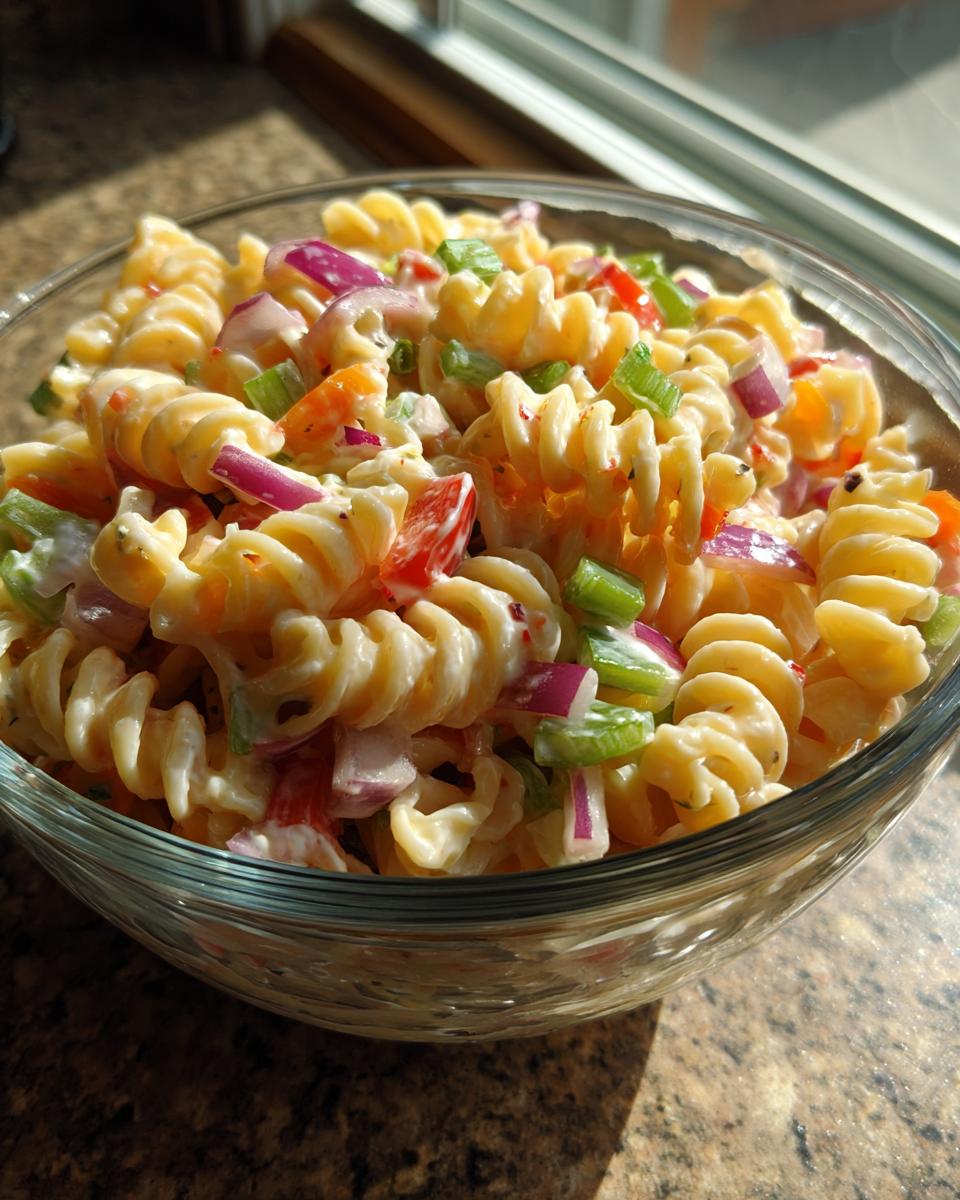 Perfect Pasta Salad Classic: 5 Easy Steps 7 Close-up of a bowl of pasta salad classic with rotini pasta, vegetables, and creamy dressing.