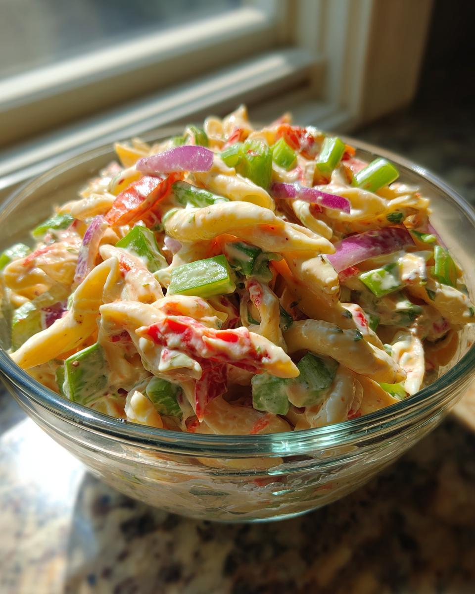 Perfect Pasta Salad Classic: 5 Easy Steps 8 Close-up of a bowl of pasta salad classic with penne pasta, vegetables, and creamy dressing.