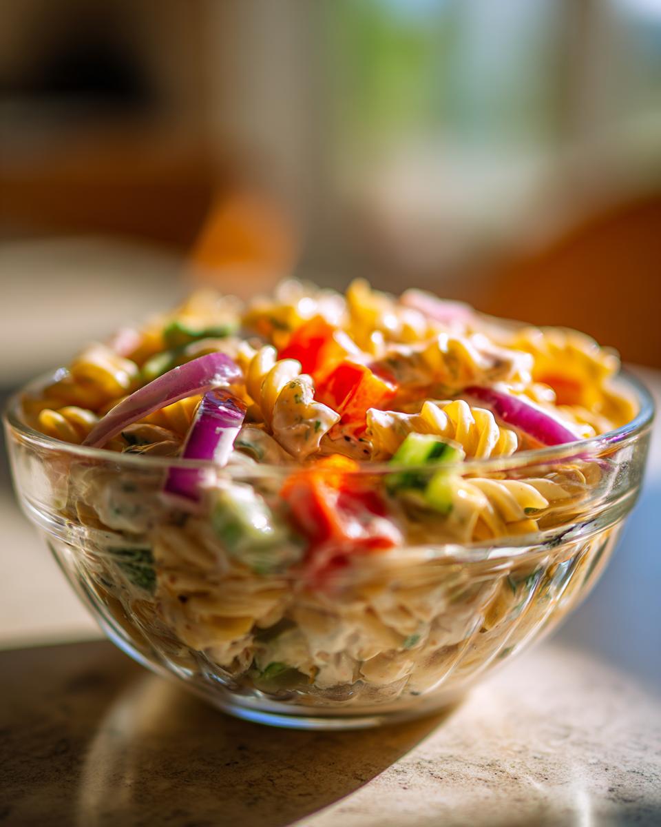 Perfect Pasta Salad Classic: 5 Easy Steps 9 Close-up of a pasta salad classic with rotini pasta, vegetables, and creamy dressing in a glass bowl.