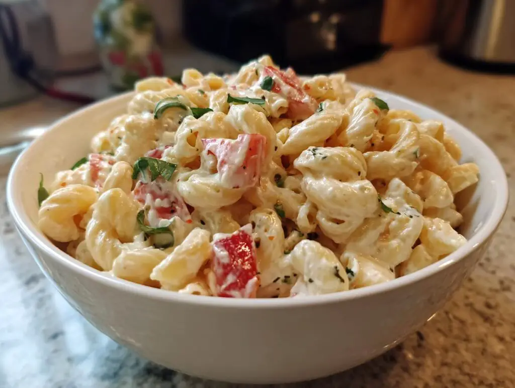Close-up of a bowl of creamy pasta salad classic with tomatoes and herbs. The pasta salad classic is ready to eat.