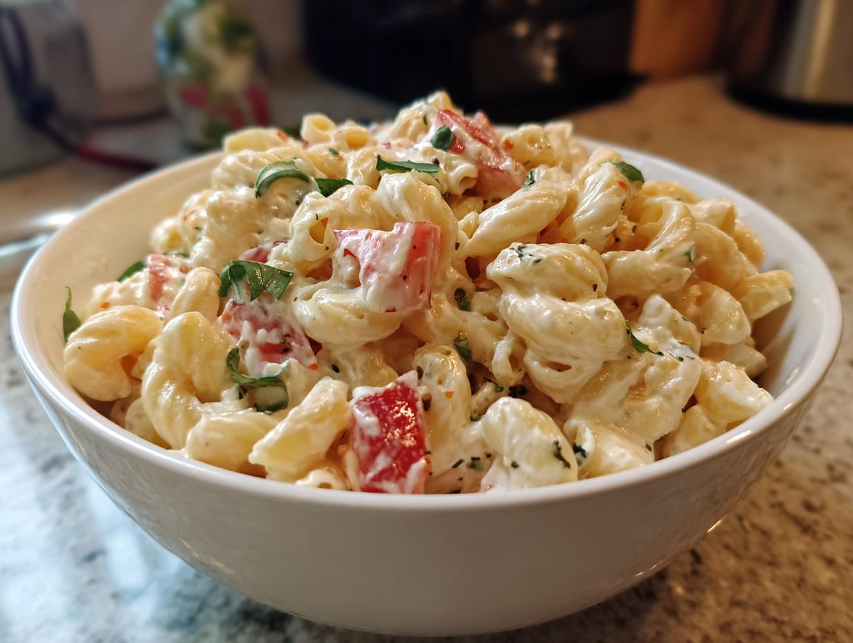 Close-up of a bowl of creamy pasta salad classic with tomatoes and herbs. The pasta salad classic is ready to eat.