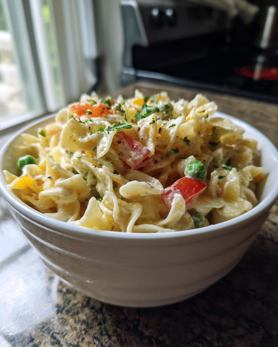 Close-up of a bowl filled with delicious pasta salad classic, with vegetables.